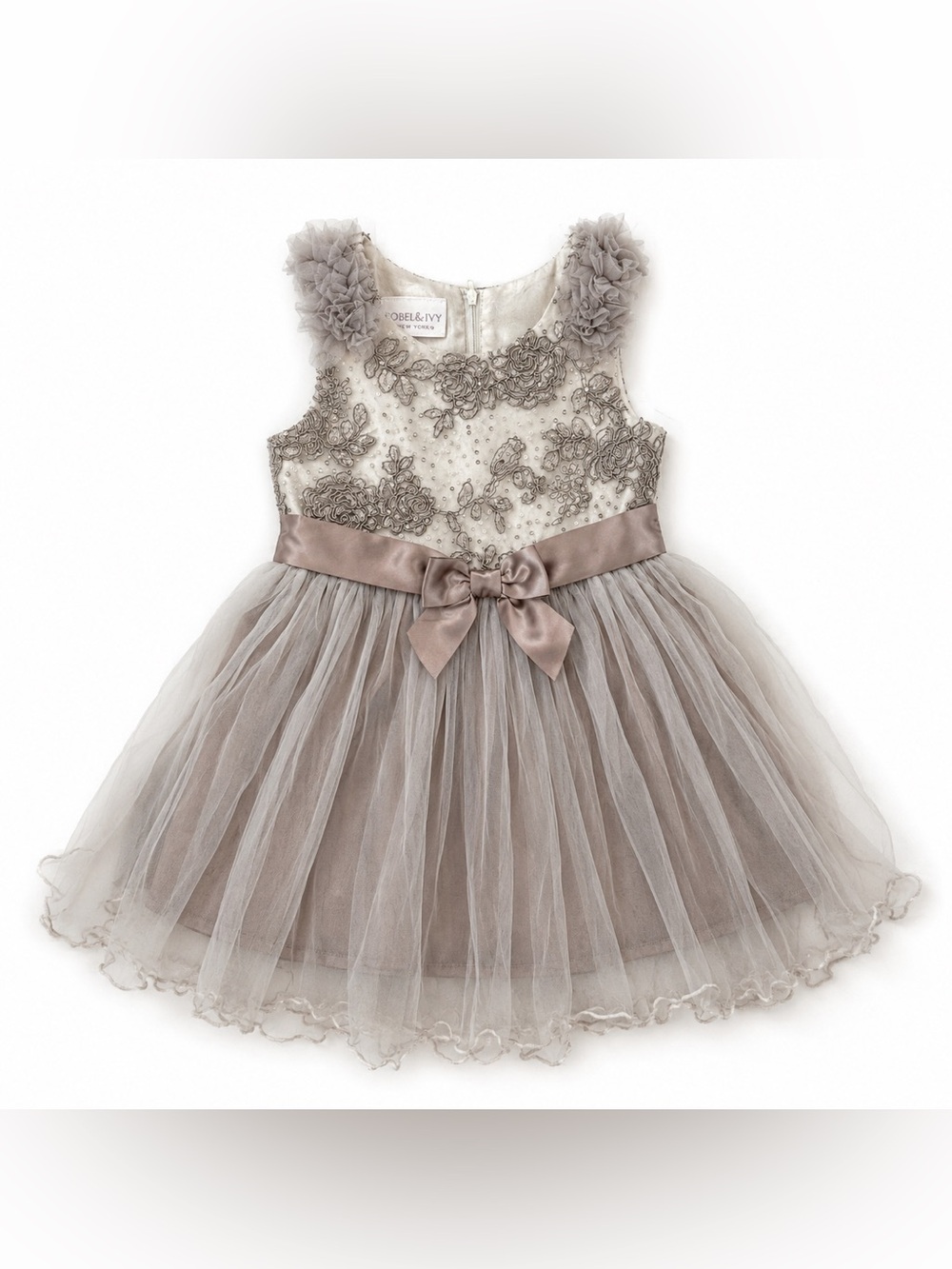 Iris & Ivy Girls Size 6 Taupe Floral Tulle Party Dress Embroidered Sequins